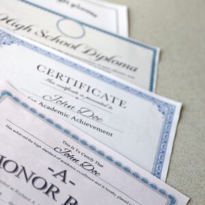 A honor roll recognition, certificate of achievement and high school diploma