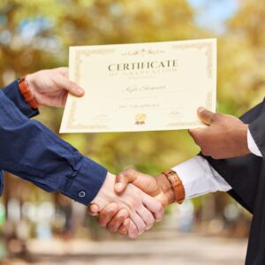 Shaking hands, graduation and certificate for college student with congratulations, professor and e